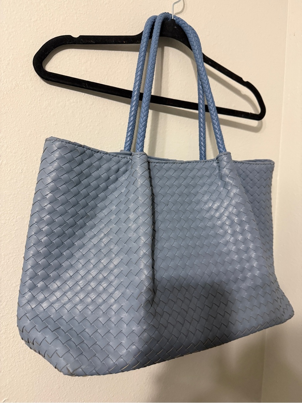 Lulu Dharma Woven Vegan Leather Cute Tote Bag Purse in Smoky Blue